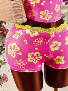 Amplova Ensemble 2 pièces de camisole et mini-short avec patchwork de dentelle et nœud décoratif, de couleurs contrastées - Rose bonbon - Voir 5