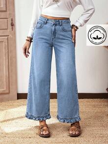 EMERY ROSE Plus Size Women Street Casual Comfortable Mid-Blue Non-Stretch Ruffle Hem Straight Leg Jeans - Light Wash - View 7