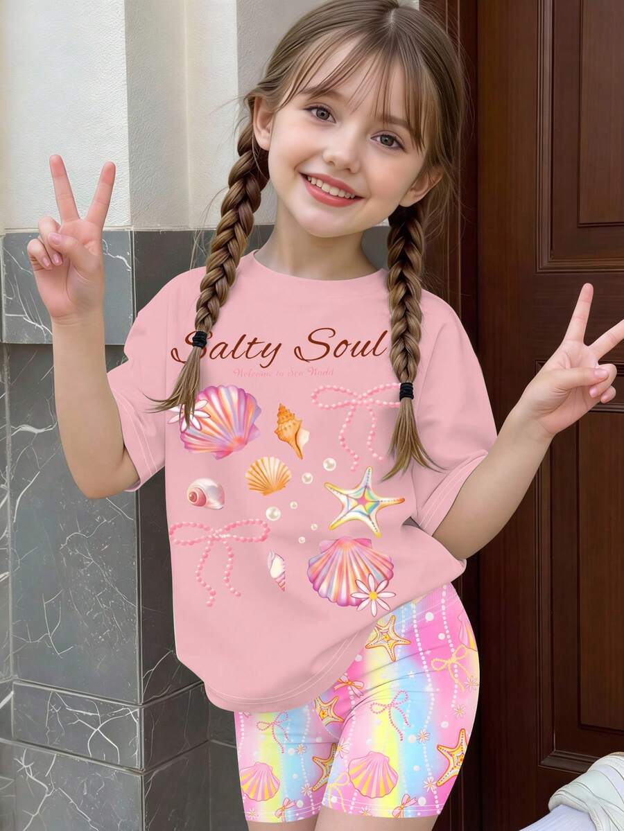 Elladie kids 一套女童休闲时尚度假季T恤,饰以贝壳、海洋生物和蝴蝶结印花,甜美可爱,短袖设计,搭配彩色渐变印花骑行短裤,夏季舒适清凉度假风T恤套装,粉色海洋元素印花套装,适合外出、度假、海滩等场合。 - 彩色 - 查看 1