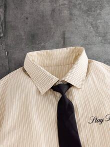 AXEPEAK Men's Street Style Collegiate Striped Print Shirt Set - Apricot - View 4