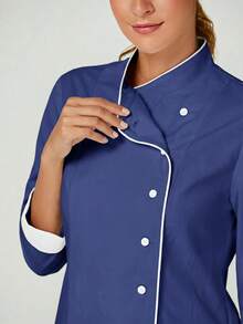 TaskEZ Women's Contrast Color Button-Up Collar Long Sleeve Work Uniform Chef Jacket In 3- 4th Sleeve For Women - Navy Blue - View 6