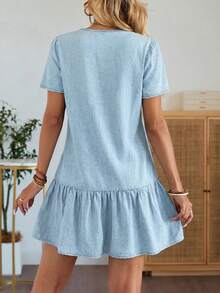 EMERY ROSE Mature Denim Đầm denim tay cánh hoa cổ chữ V phong cách đường phố dành cho nữ - Rửa nhẹ - Xem 2