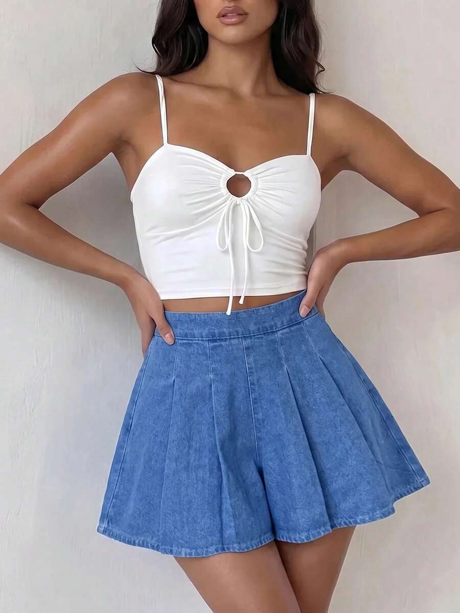 SHEIN Glamour 女士高腰休闲宽松牛仔褶皱短裤 - 藍色 - 查看 1