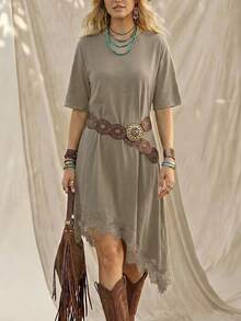 Vestido de mujer de longitud media, de manga corta, con bajo asimétrico, de estilo básico de moda, para uso diario, de vacaciones o para ir al trabajo, de unicolor con aplicaciones de encaje - Camel - Ver 5