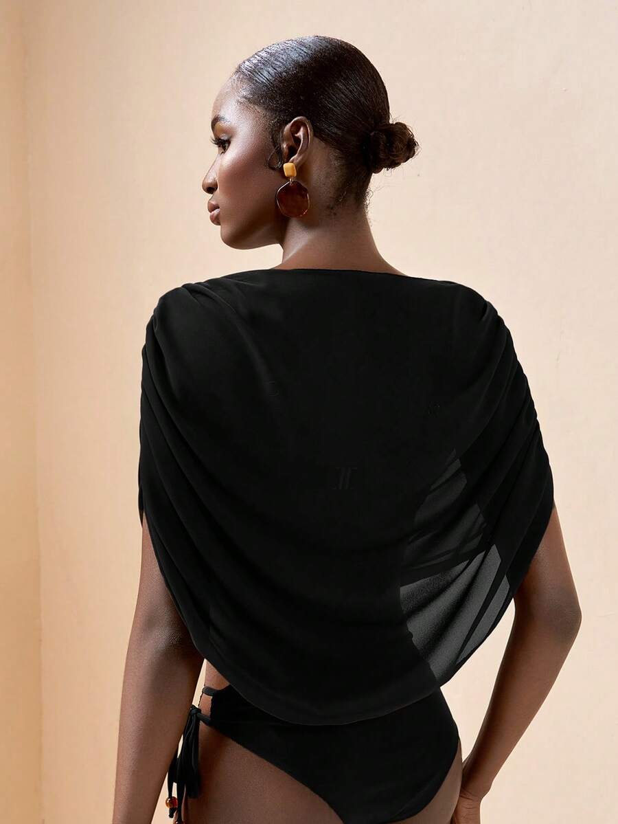 Zivah Top de saída de praia franzido elegante e casual para férias em 2025 - Preto - Ver 1