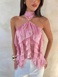 Aloruh Women's Elegant Multi-Layer Ruffle Trim Stand Collar Fitted Tank Top,Summer Top - Pink - View 5