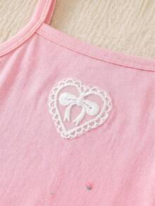 SHEIN 2pcs/Set Young Girl Light Pink Knitted Heart & Bow Camisole Top And Colorful Bow Print Shorts,Summer Outfits Birthday Vacation Holiday Set For Girl - Multicolor - View 3