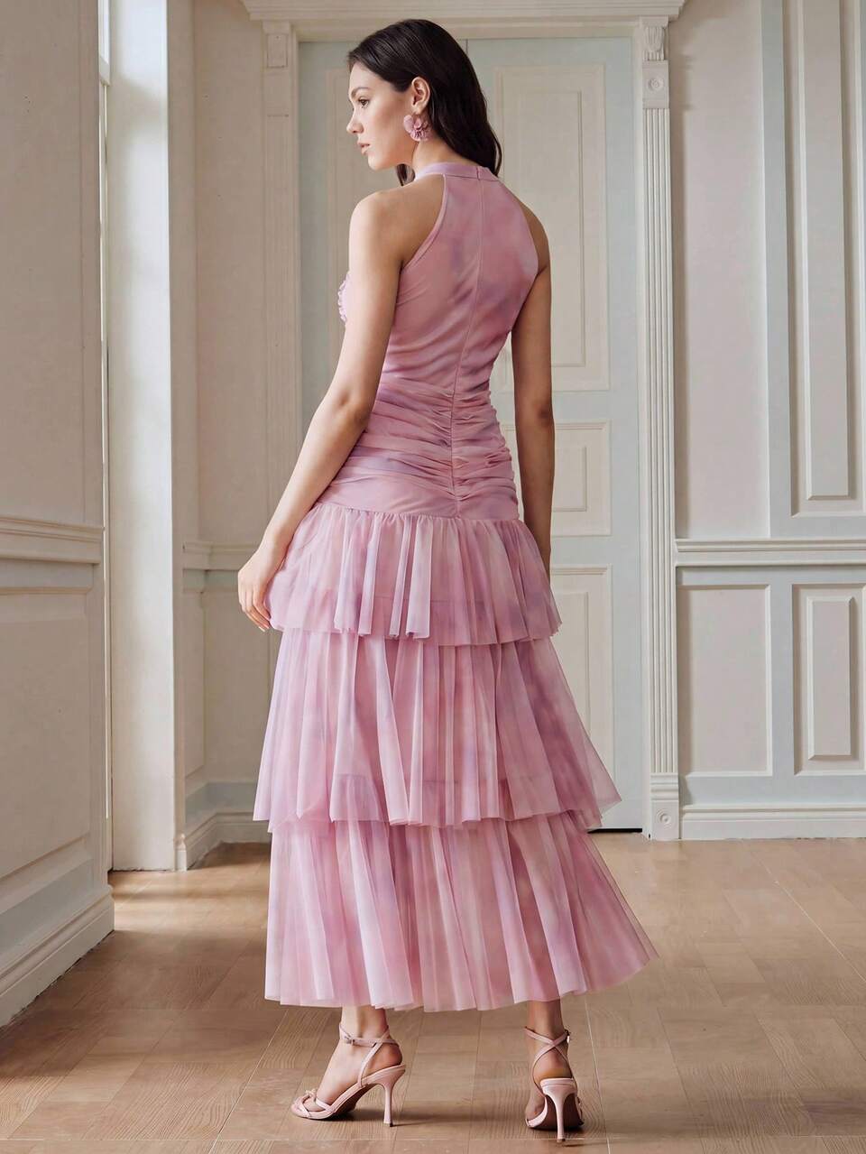Anewsta Women's Summer Elegant Romantic French Style Dusty Mauve Sleeveless Halter Neck Layered Ruffle Waist Cinched Dress Wedding Tea Party Ninang Pink