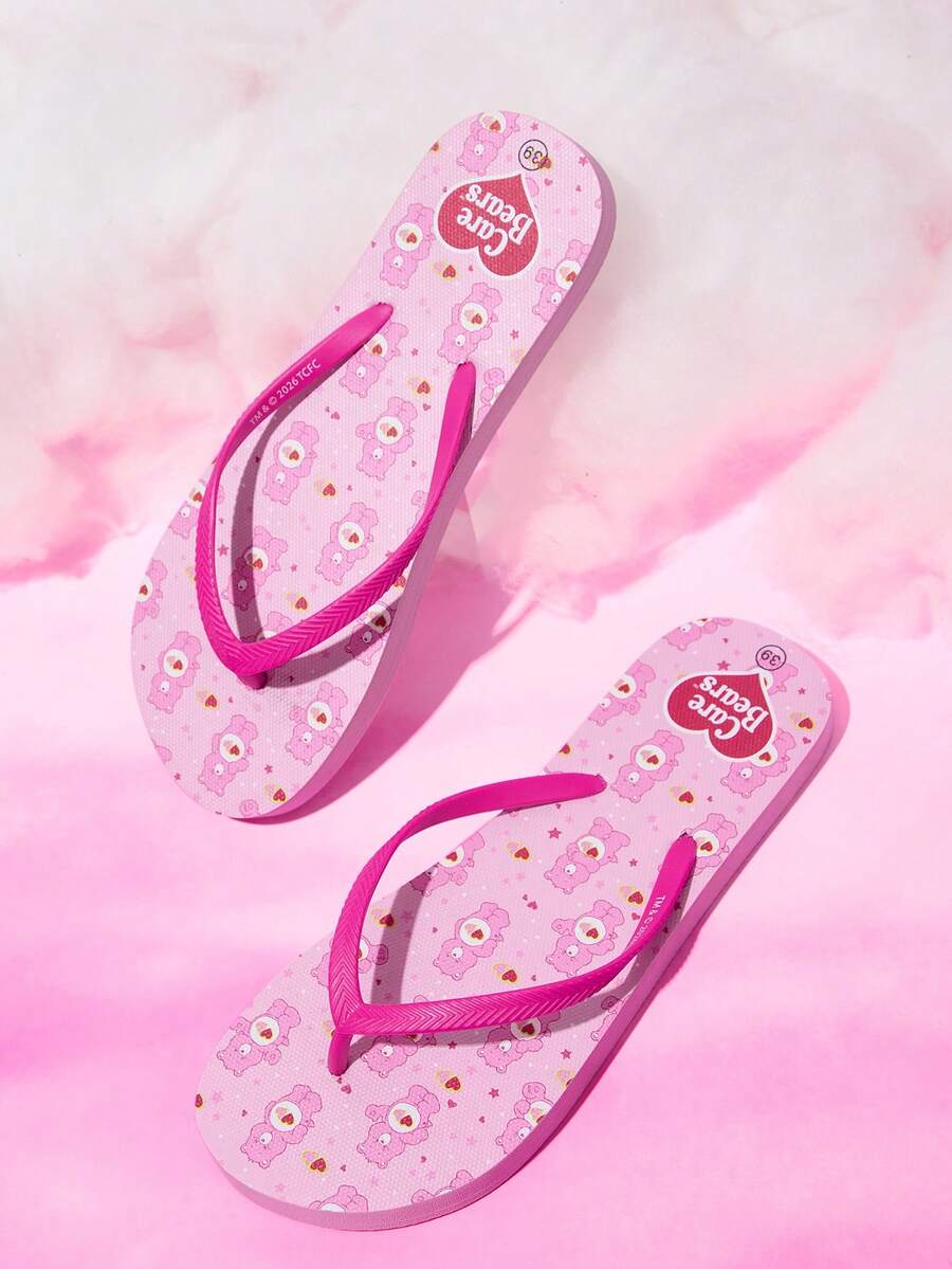 SHEIN X Care Bears 女款可愛卡通夾腳拖鞋,女款夏季穿著卡通彩虹印花防滑度假沙灘涼鞋 - 嫩粉色 - 查看 1