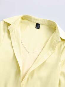 EMERY ROSE Camisa de manga larga de unicolor 2 en 1 para mujer - Amarillo claro - Ver 4