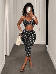 SHEIN PETITE 2pcs/Set Summer Sexy Polka Dot Print Backless Halter Crop Top And Shorts - Multicolor - View 3