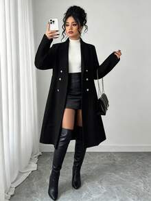 Elenzga Plus Size Women's Solid Color Double-Breasted Long Sleeve Elegant Overcoat - Black - View 5