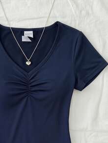 SHEIN Áo thun tay ngắn cổ chữ V xếp ly phối ren cho bé gái tuổi teen, màu hồng - Màu xanh lam - Xem 3