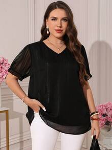Miaspire Plus Size Women's Brown, Autumn Elegant V-Neck Puff Sleeve Blouse Top, Smart Casual Everyday Office Gym Work, Summer Teachers' Day Boho Beach - Black - View 2
