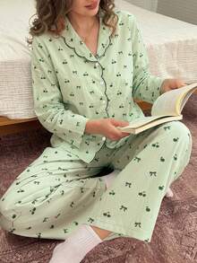 DAZY 2pcs Cute Bow & Cherry Print Contrast Color Embroidered Collar Women Pajama Set, Spring/Summer - Green - View 9