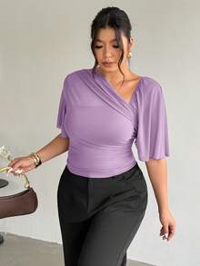 Firerie Plus Size Women Elegant Solid Color Asymmetrical Shoulder Top - Purple - View 3