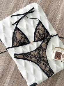 Swim Mod Women's Spring/Summer Jacquard Mesh Halter Metal Decor Bikini Set - Black - View 3