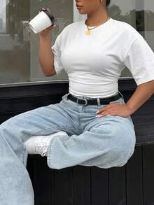 Muchica White Casual Loose Fit Short Sleeve T-Shirt For Plus Size Women - White - View 4