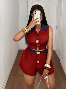 Maweii Plus Size Contrast Color Button Front Sleeveless Top And Shorts Casual 2 Pieces Set Formal Holiday Royal Blue Summer - Red - View 5
