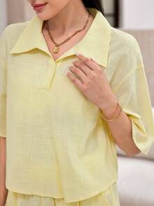 Modelyn Pastal Collared Top Paired With Straight Leg Pants Casual Minimalist Tropical Sexy Outfit Vacation Summer Golf Pale Yellow Brunch - Yellow - View 5