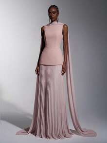 Elitara Elegant Dusty Pink Summer Formal Wedding Guest Dress, Boat Neck Chiffon Patchwork Pleated A-Line Skirt,Fashionable Bridesmaid Party Dress - Dusty Pink - View 4