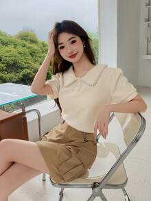 DAZY Women Summer Casual Solid Color Faux Pearl Embellished Peter Pan Collar Short Sleeve T-Shirt - Apricot - View 2