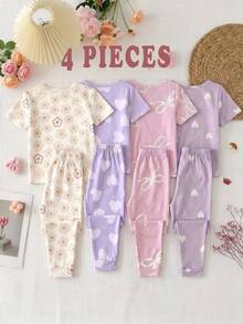 Young Girl 4pcs Random Blind Box Casual Simple Snug Fit Comfortable Round Neck Short Sleeve Long Pants Loungewear Set, Suitable For Spring/Summer, 4-Piece Set Young GirlS - Multicolor - View 2