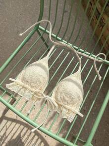 Elavelle Áo bikini buộc cổ bằng vải jacquard dành cho nữ, thích hợp cho mùa xuân/hè. - Màu be - Xem 2