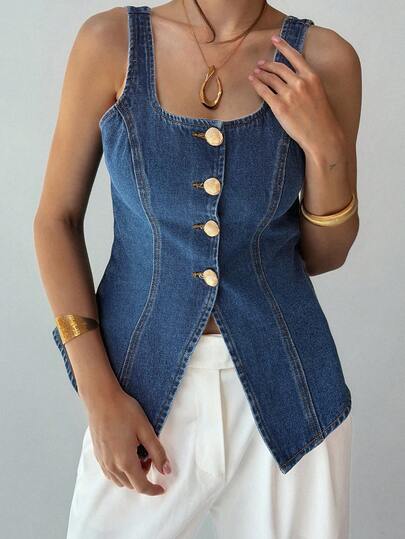 DAZY Women's Solid Color Fitted Waist Split Square Neck Casual Vacation Denim Vest Top