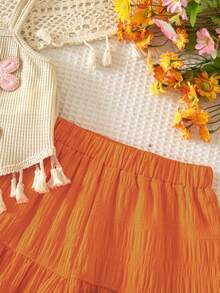 Emery Rose Kids Emery Rose Kids 2件套女童针织纯色3D立体花朵流苏边吊带背心和宽松裤子套装 - 橘色 - 查看 11