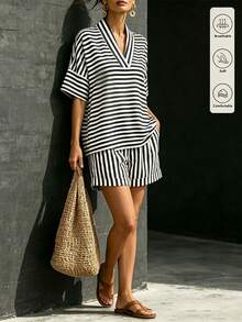 SHEIN Franclia Bộ 2 món áo và quần kẻ sọc nữ, thích hợp cho mùa hè, thu và đông. - Đen và trắng - Xem 6