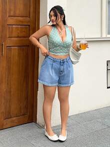 Rivivi Damen Große Größen Sommer Mode Lässige vielseitige plissierte lose Denim Shorts mit Manschetten - Babyblau - Übersicht 3