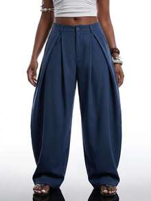 SHEIN EZwear 藏蓝色复古休闲街头风宽松弧形裤脚大码长裤，秋冬款 - 藏蓝色 - 查看 4