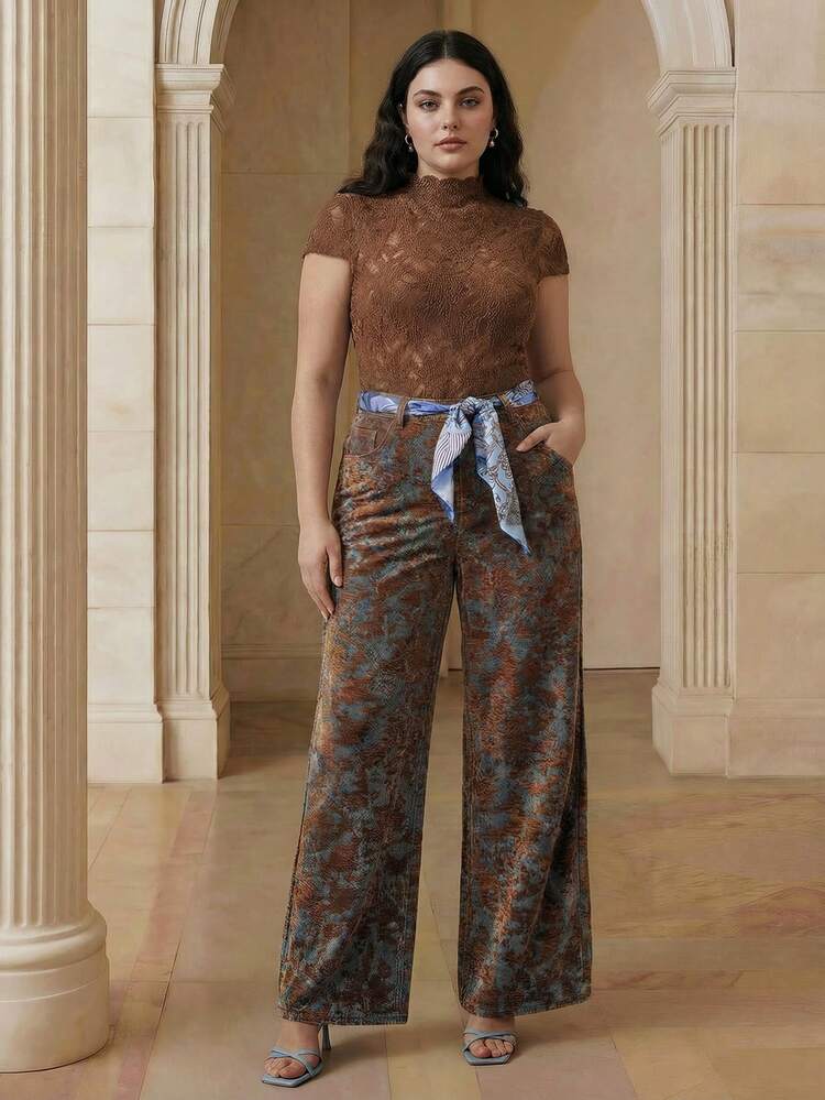 Plus Size Women's High-Waisted Straight Leg Jeans, Elegant Jacquard Design, Suitable For Work Commute, Dates And Everyday Outings
