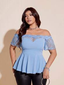 Viva Relle Plus Size Sexy Lace Patchwork Off-Shoulder Black Slim Fit Blouse - Blue - View 5