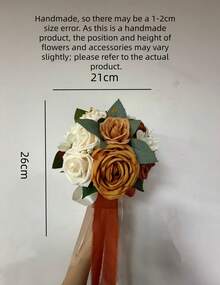 1pc Caramel Artificial Rose Bridal Bouquet, Wedding Handheld Flower Bouquet, Romantic Vintage Bridesmaid Holding Flower For Wedding Party Ceremony Home Decoration - Burnt Orange - View 4