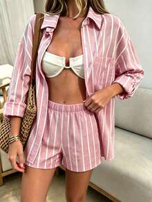 Silhoulove Spring/Summer Casual Vacation/Commute Striped Long Sleeve Shirt & Elastic Waist Shorts 2 Pieces Set - Pink - View 3