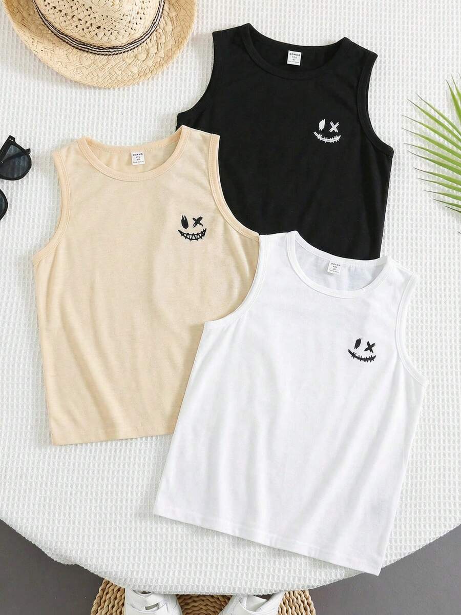 SHEIN 3 件套时尚青少年男孩可爱图案圆领背心，休闲通勤、上学、日常穿着，适合春夏季 - 彩色 - 查看 1