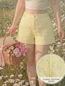 SHEIN MOD 加大码黄色提花面料短裤，清新活泼，适合年轻女孩日常、假日、派对穿着，百搭简约风格 - 黃色 - 查看 11