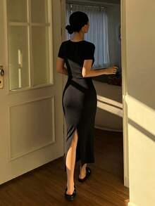 DAZY Women's Solid Color Round Neck Short Sleeve Fitted Casual Dress Sundress - Black - View 5