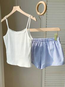 Bộ đồ đi biển mùa hè dành cho nữ tuổi teen: Áo hai dây ren croptop và quần short kẻ sọc dáng rộng kiểu retro. - trắng - Xem 3