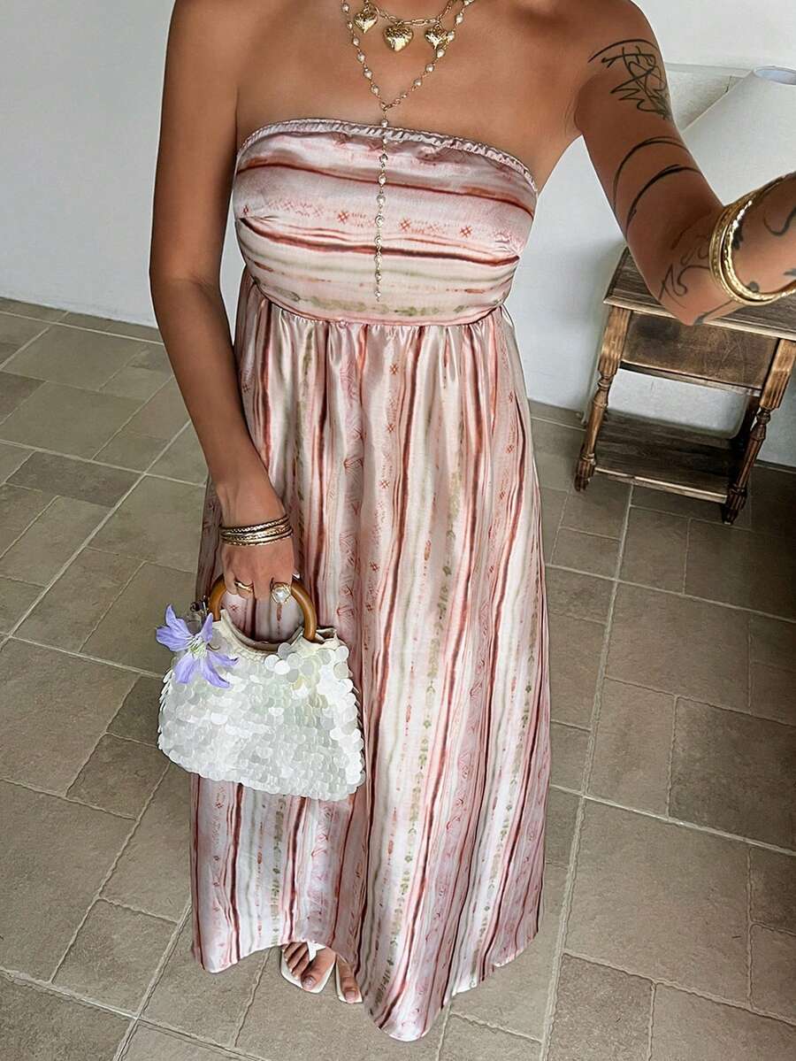 Livesso Women's Elegant Maxi Striped Strapless Dress, Suitable For Spring And Summer Vacation - Multicolor - View 1