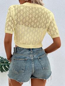 EMERY ROSE Cardigan Rajut Kasual Lengan Pendek Bahu Reguler Warna Polos dengan Kancing Depan Model Crop - Kuning muda - View 2