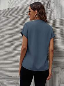 SHEIN Clasi Women's Simple Solid Color Notch Neck Short Sleeve Blouse, Summer,Summer Top - Teal Blue - View 2