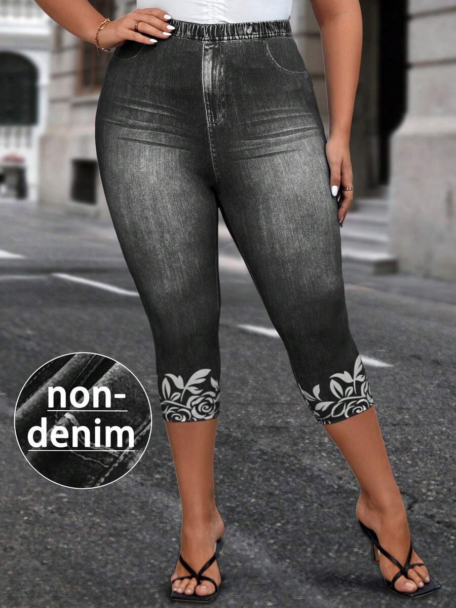EMERY ROSE Plus Denim-Effect & Floral Print Summer Outfits Leggings - Black - View 1