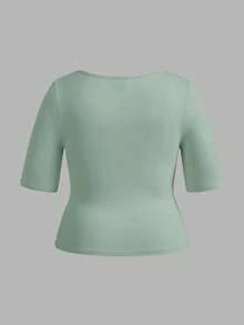 SHEIN BASICS 3pcs/Set Casual Solid Color Knit Square Neck Short Sleeve Fitted Plus Size T-Shirts - Multicolor - View 10