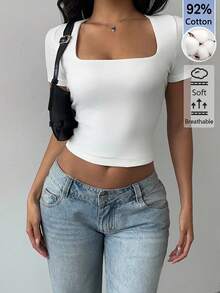 SHEIN BASICS Women's Simple Solid Color Square Neck Tight Fitting Short Sleeve Top Tops For Women White Tops - White - View 5