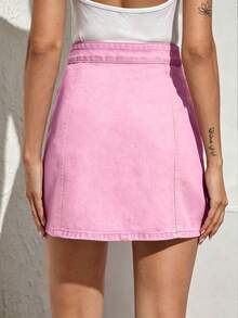 SHEIN Essnce High-Waisted Front Button Fitted Casual Denim Mini Skirt - Pink - View 3