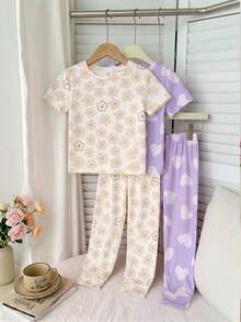 Young Girl 4pcs Random Blind Box Casual Simple Snug Fit Comfortable Round Neck Short Sleeve Long Pants Loungewear Set, Suitable For Spring/Summer, 4-Piece Set Young GirlS - Multicolor - View 7