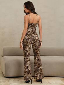 HautHeat Women's Leopard Print Sexy Hollow-Out Jumpsuit With Flared Pants, Fashionable Loungewear - Coffee Brown - View 2